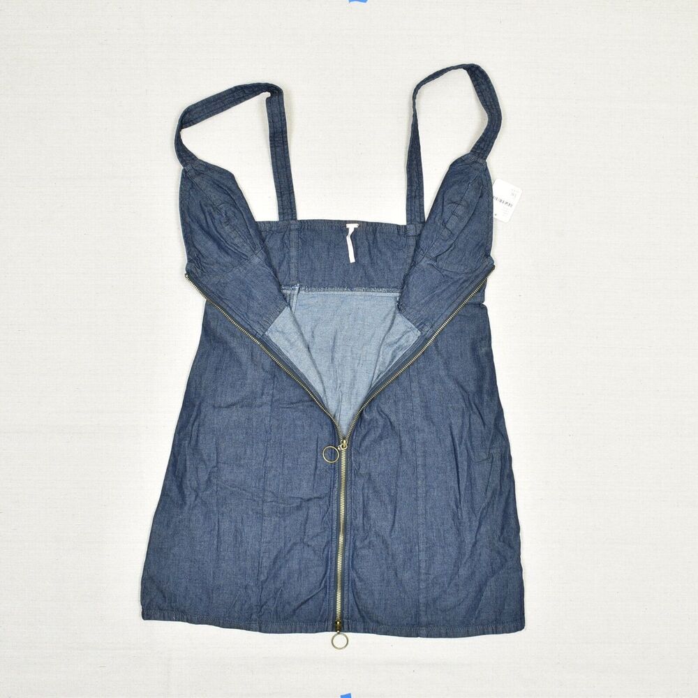 NEW Free People Sheath Denim Dress V Neck Zip Cotton Blue Size 10 Sleeveless - Picture 2 of 8